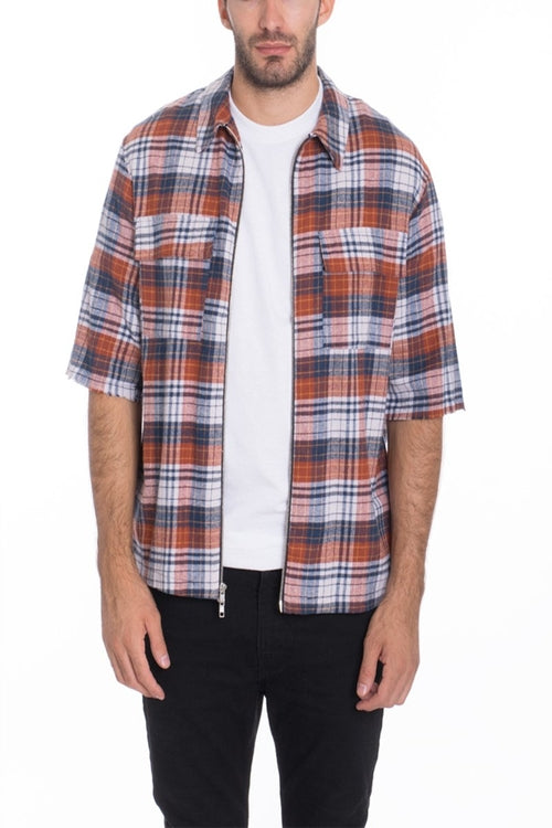 Men's Zip Up Flannel Short Sleeve Shirt S115